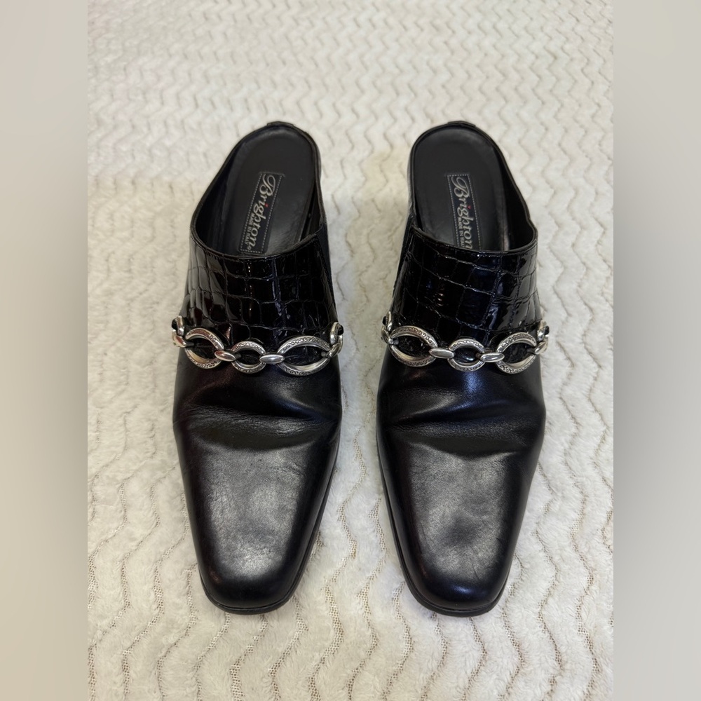 Brighton TWIGGY Black Croc Leather Mules Silver Metallic Detail Heels Shoes 8.5N